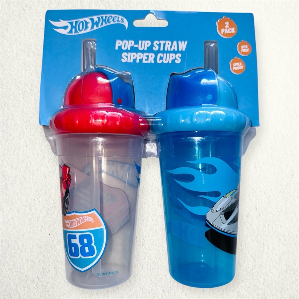 New Hot Wheels 2pc Pop-Up Straw Sipper Cup Set
